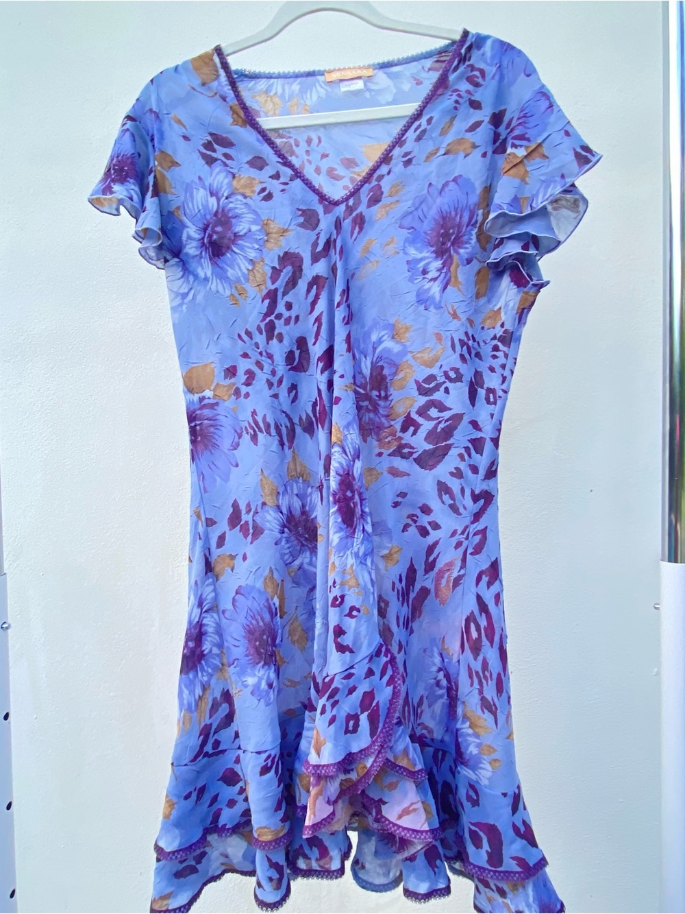 Y2K Purple Leopard Floral Chiffon Mini Dress Size Large